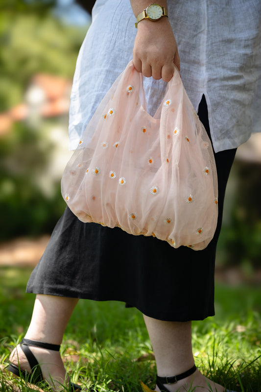 Pink Daisy Flower Mesh Bag